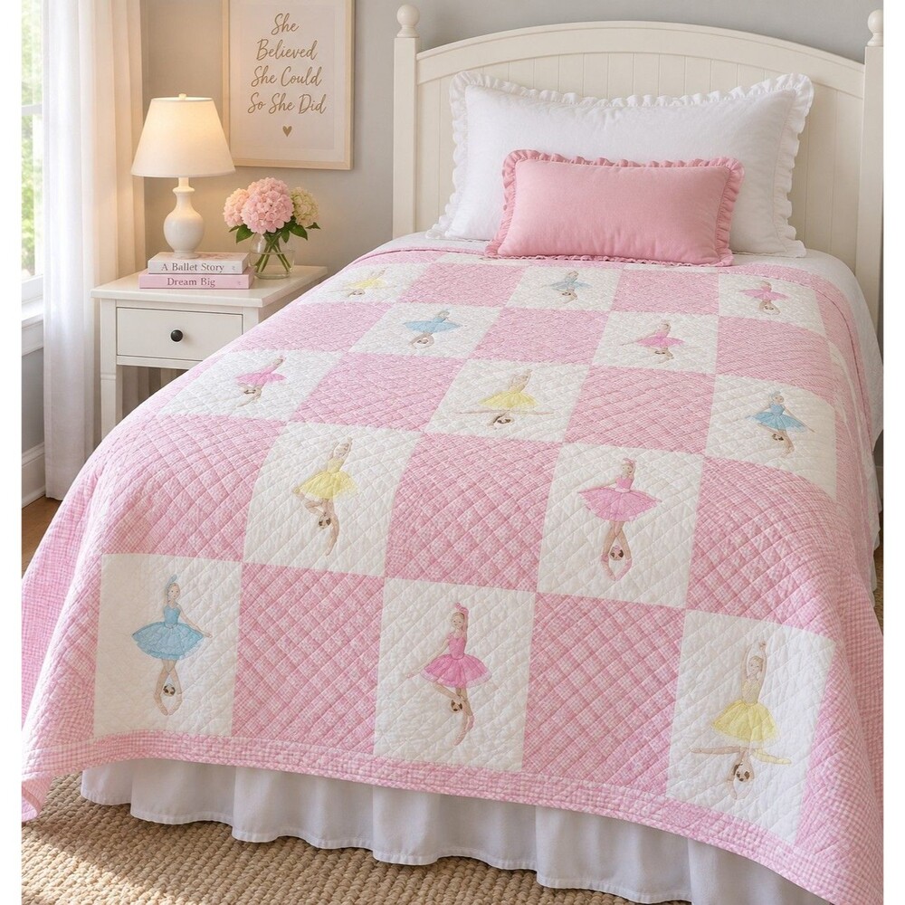 The Company Store Vintage Twin Ballerina Quilt Pink White Embroidered 86x67
